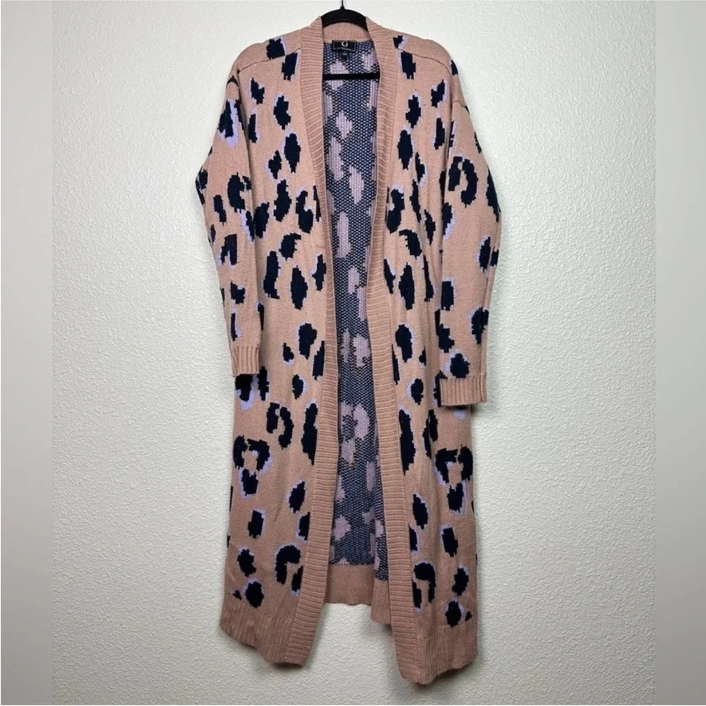 G by Giuliana Duster Cardigan Leopard Print Brown Black Knit Sweater Lilac Large